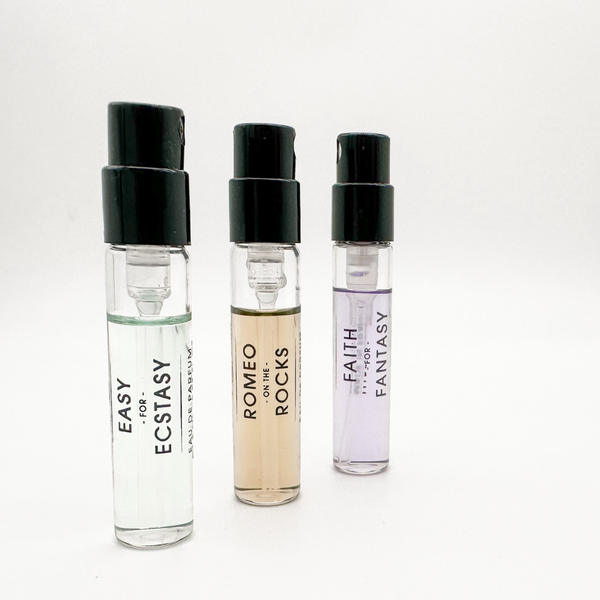 Premium Perfume Sample Set: Romeo on the Rocks, Easy for Ecstasy, Faith for Fantasy | 1.5ml Vials | Discover the Essence of Nature