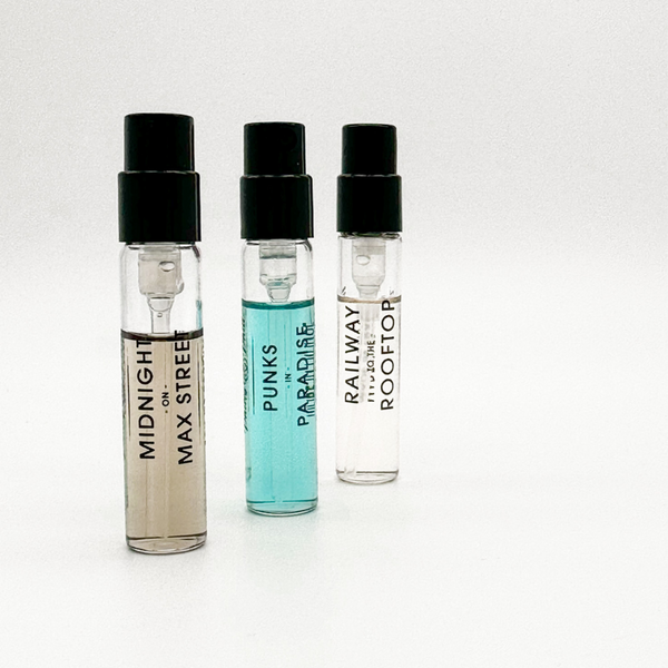 Premium Perfume Sample Set: Punks in Paradise, Midnight on Maxstreet, Railway to the Rooftop | 1.5ml Vials | Discover the Essence of Confidence